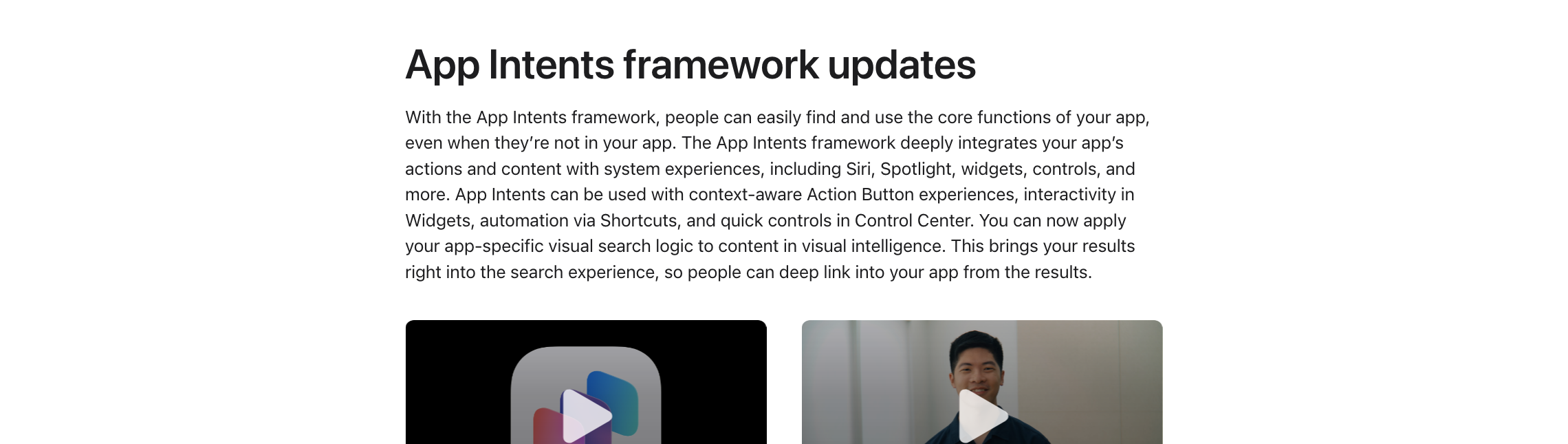 Screenshot of Apple's iPadOS 26 App Intents update section, listing Siri, Spotlight, widgets, controls, Control Center, and visual intelligence as App Intents surfaces.