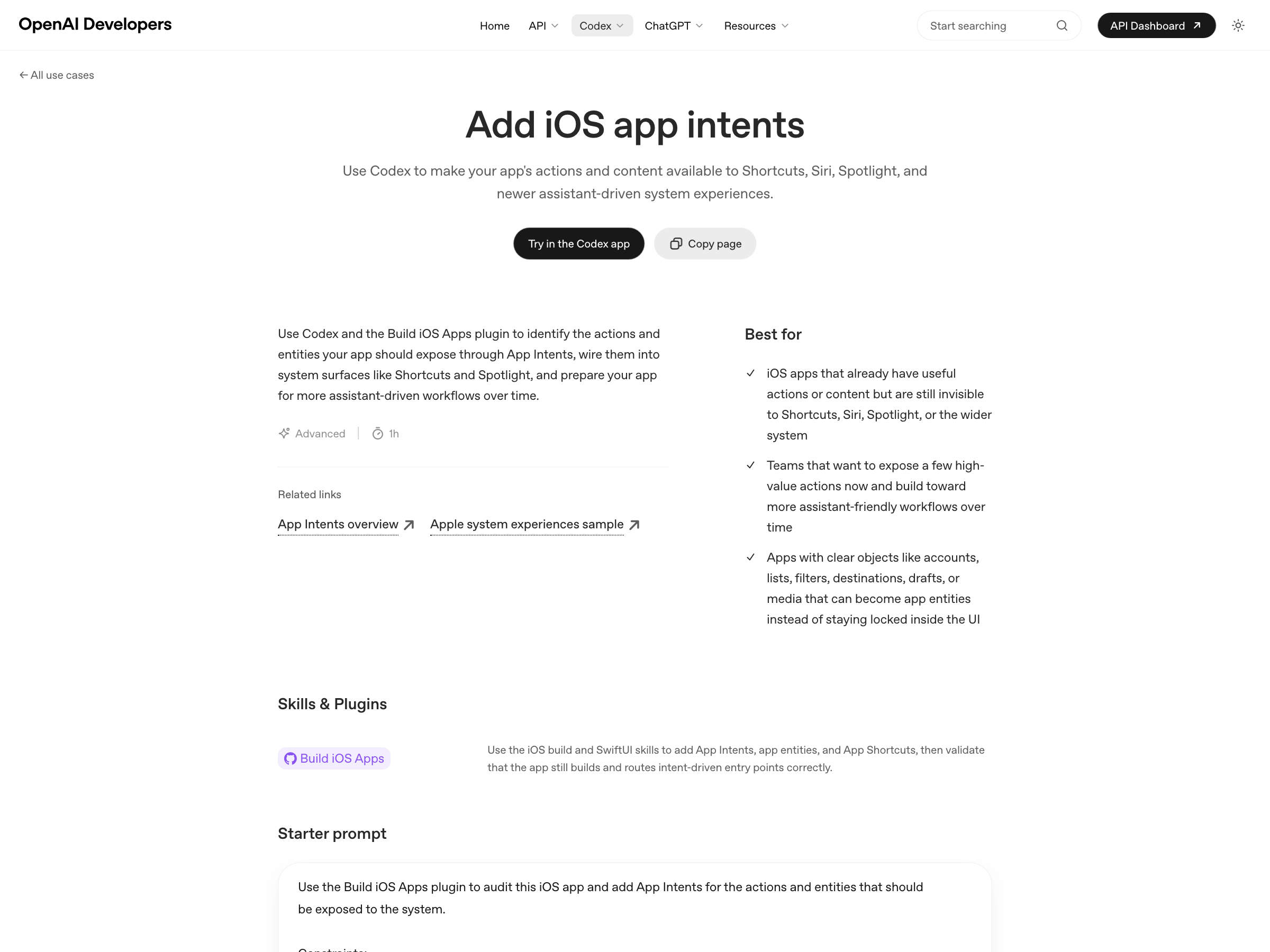Screenshot of OpenAI's Codex use case page for adding iOS app intents, showing the positioning around Siri, Spotlight, Shortcuts, and assistant-driven system experiences.