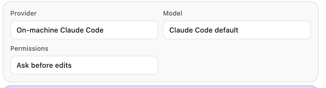 The chat settings row above the message box: Provider set to On-machine Claude Code, Model set to Claude Code default, and Permissions set to Ask before edits.