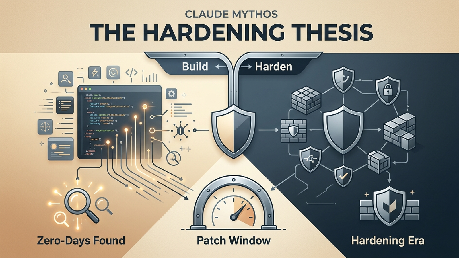 Editorial infographic showing the transition from the feature era to the hardening era, with shield and security motifs representing the shift in development priorities after Claude Mythos.