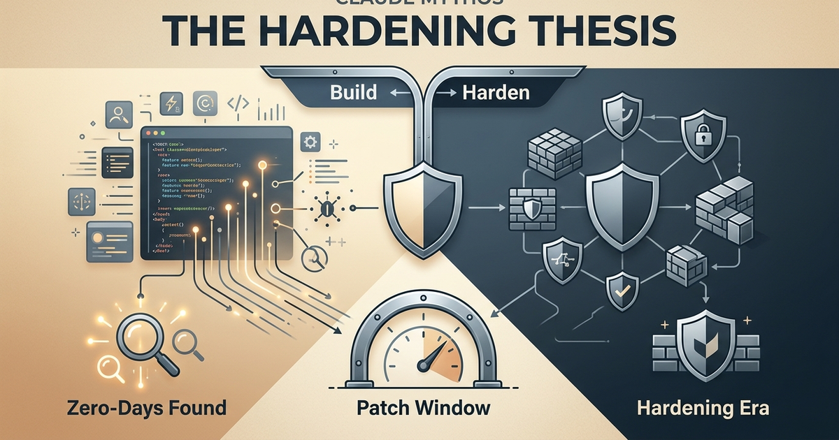 Editorial infographic showing the transition from the feature era to the hardening era, with shield and security motifs representing the shift in development priorities after Claude Mythos.
