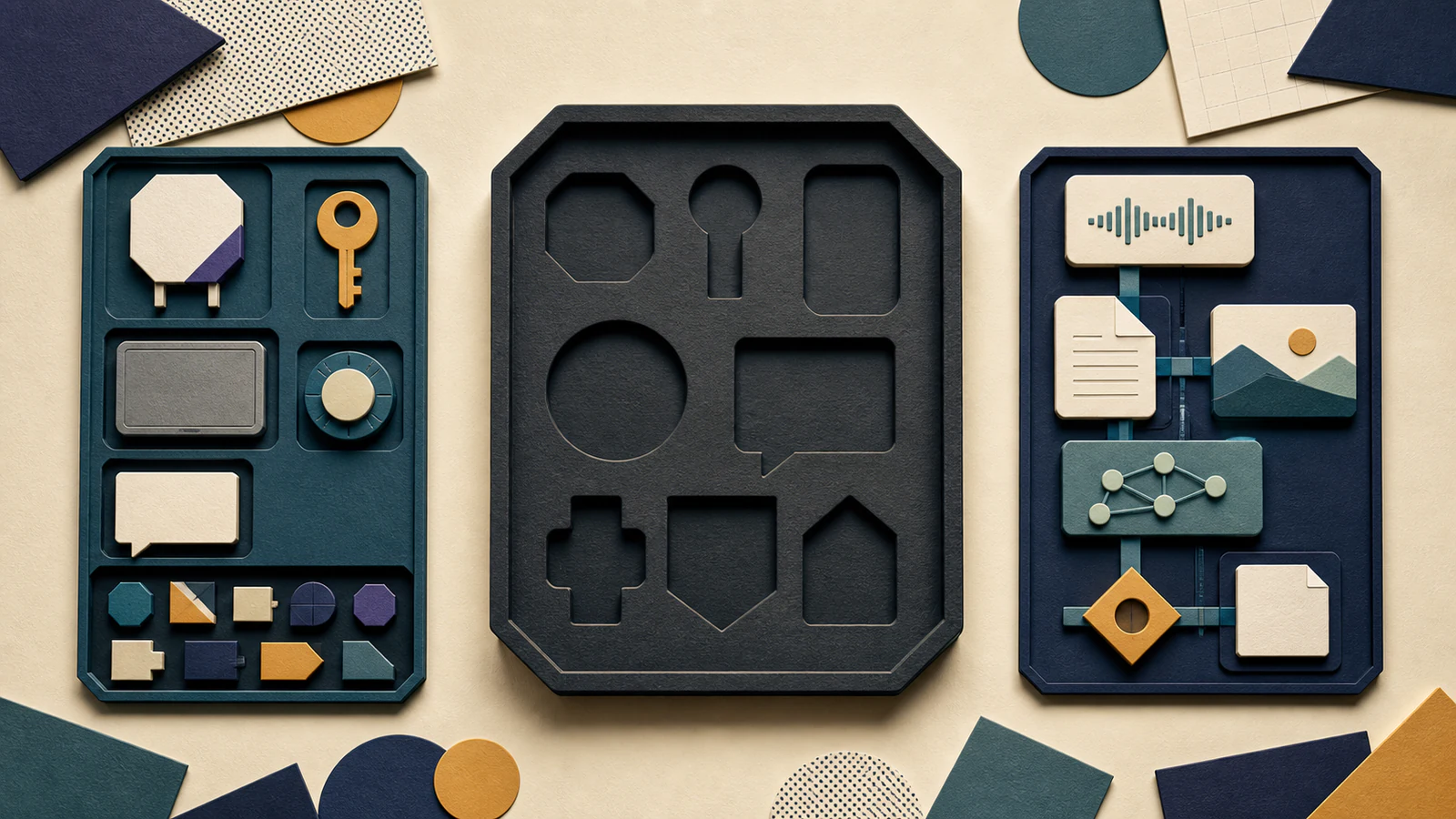 Two balanced AI toolkits sit beside a vault tray with empty workflow-shaped slots, contrasting modular setup with connected audio, document, image, and search tools.