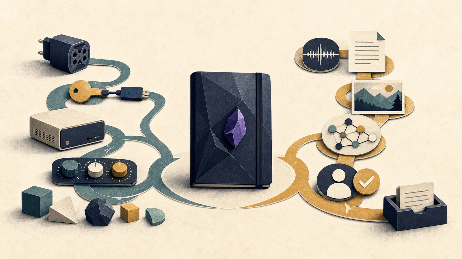 A vault notebook sits between modular provider tools on the left and connected audio, document, image, search, and approval tools on the right.