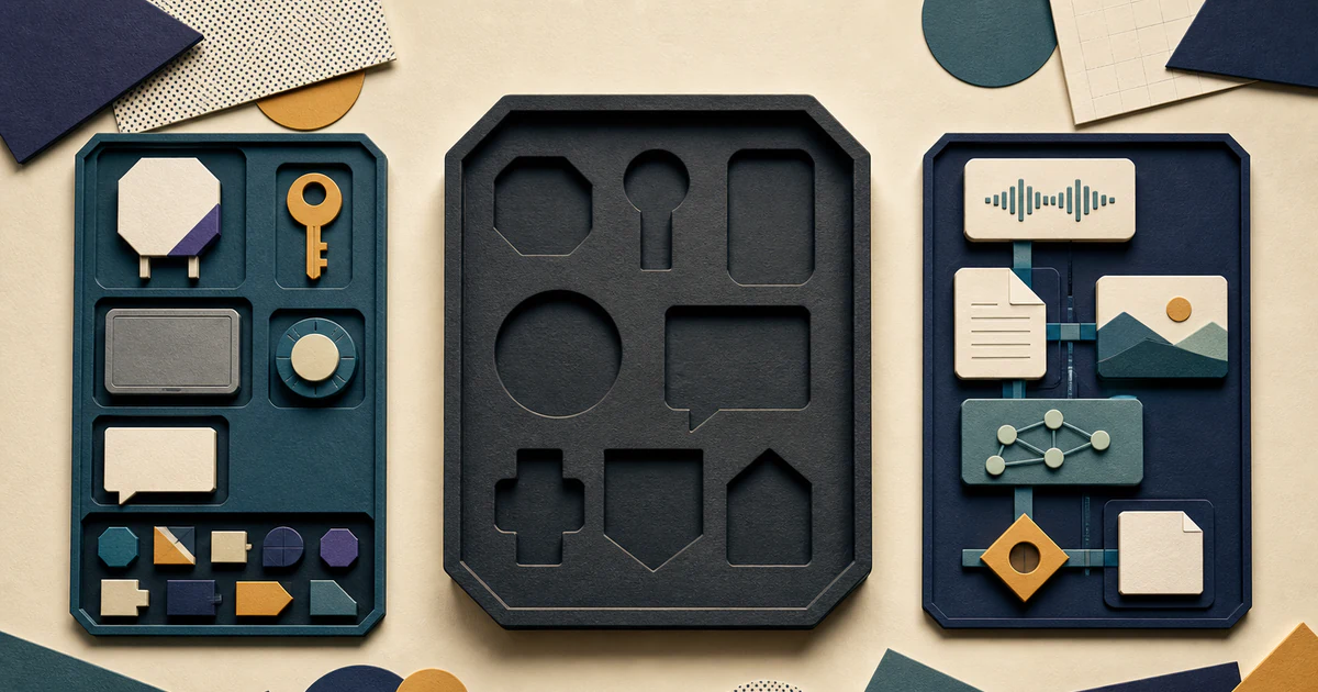 Two balanced AI toolkits sit beside a vault tray with empty workflow-shaped slots, contrasting modular setup with connected audio, document, image, and search tools.