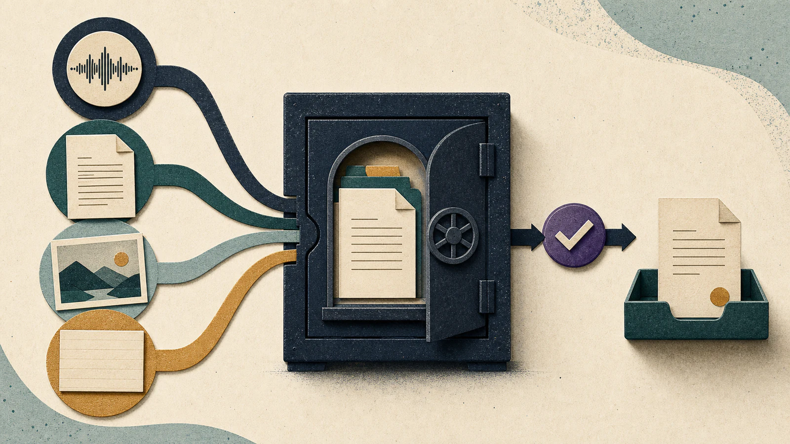 Audio, document, image, and note inputs enter one vault workflow, pass an approval checkpoint, and produce a finished note.