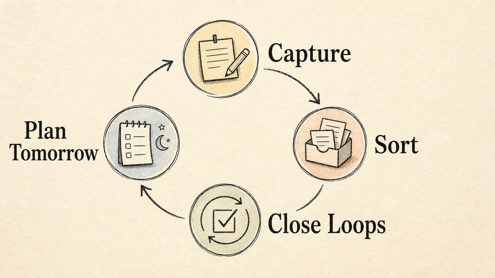 Daily note loop showing capture, priorities, open loops, and tomorrow plan