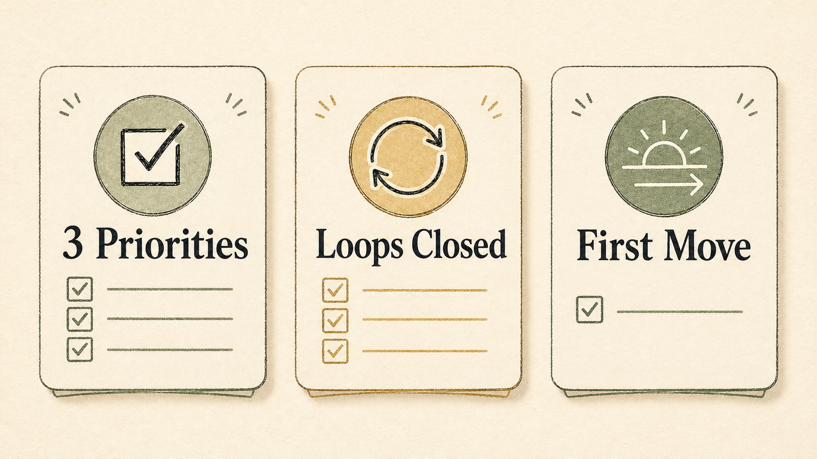 Daily note definition of done with three priorities, loops closed, and first move