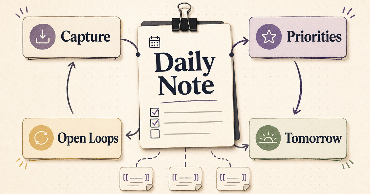 Obsidian Daily Note Template I Actually Use, shown as a clean daily review loop from capture to priorities to tomorrow.