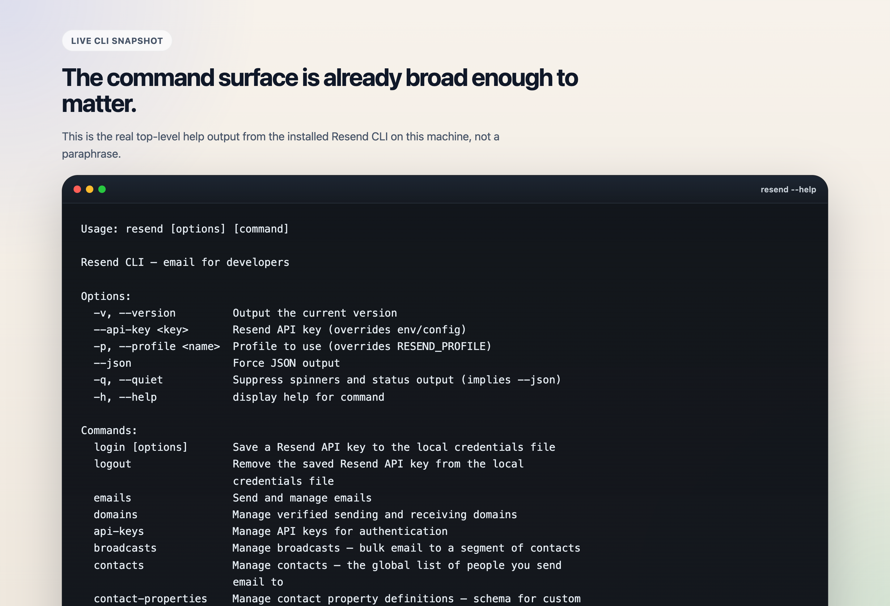 A polished snapshot of the installed Resend CLI top-level help output, showing the breadth of the command surface already exposed in the terminal.