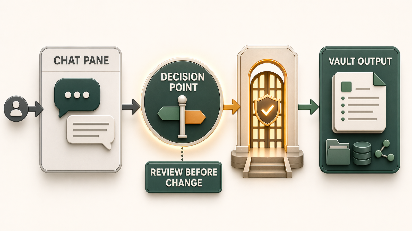Generated infographic showing a chat pane, decision point, review-before-change gate, and vault output as the workflow-boundary test for Obsidian AI plugins.