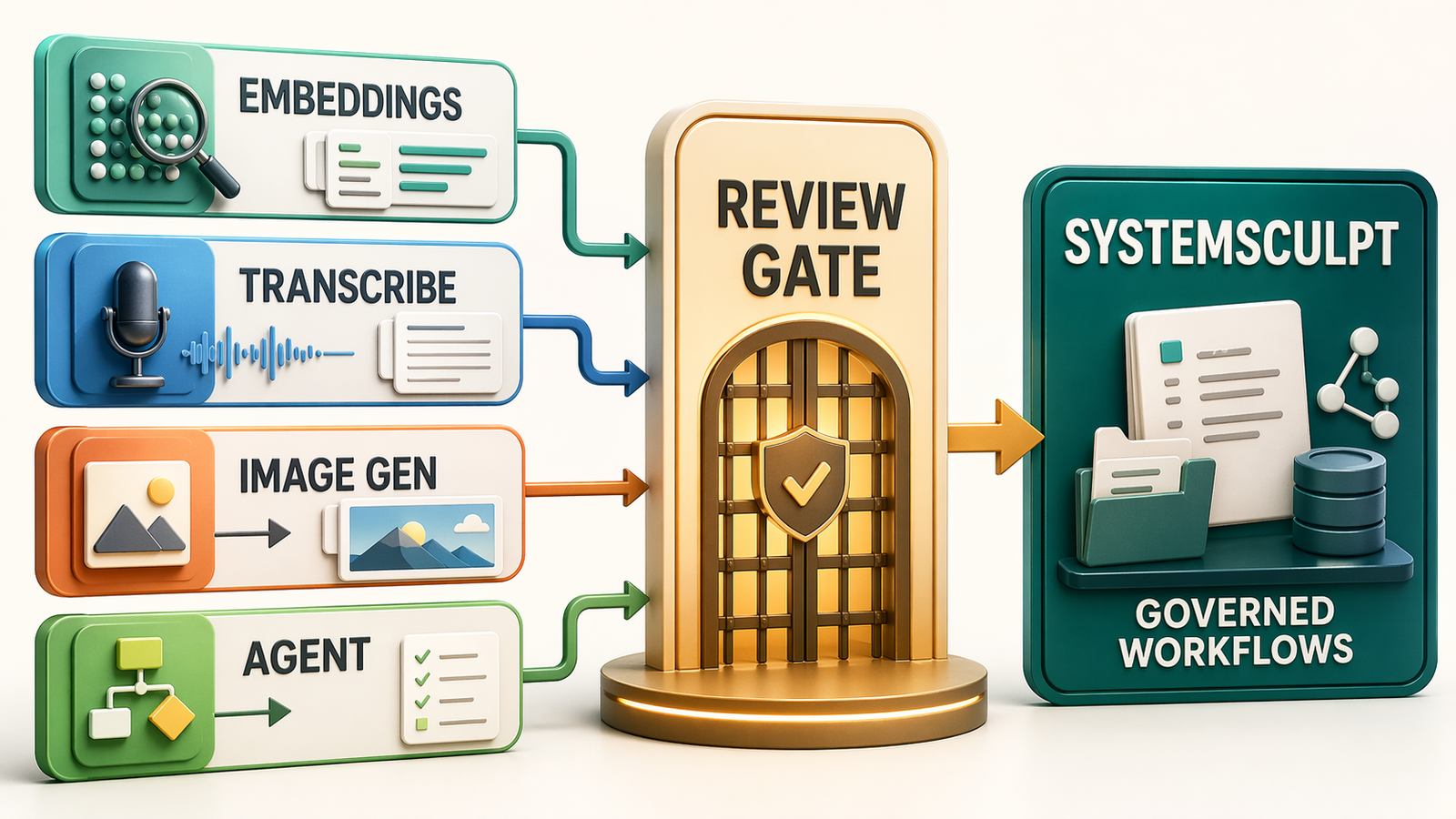 Editorial infographic showing SystemSculpt capability lanes for embeddings, transcription, image generation, and agents flowing through a review gate into governed workflows.