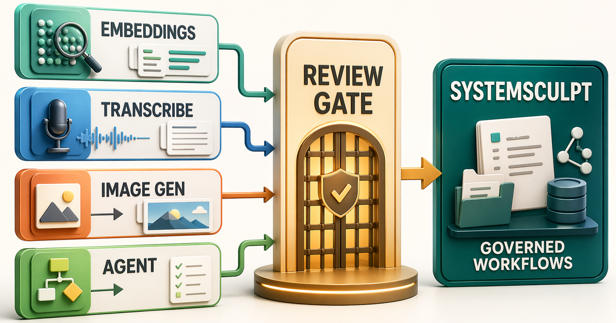 Editorial infographic showing SystemSculpt capability lanes for embeddings, transcription, image generation, and agents flowing through a review gate into governed workflows.