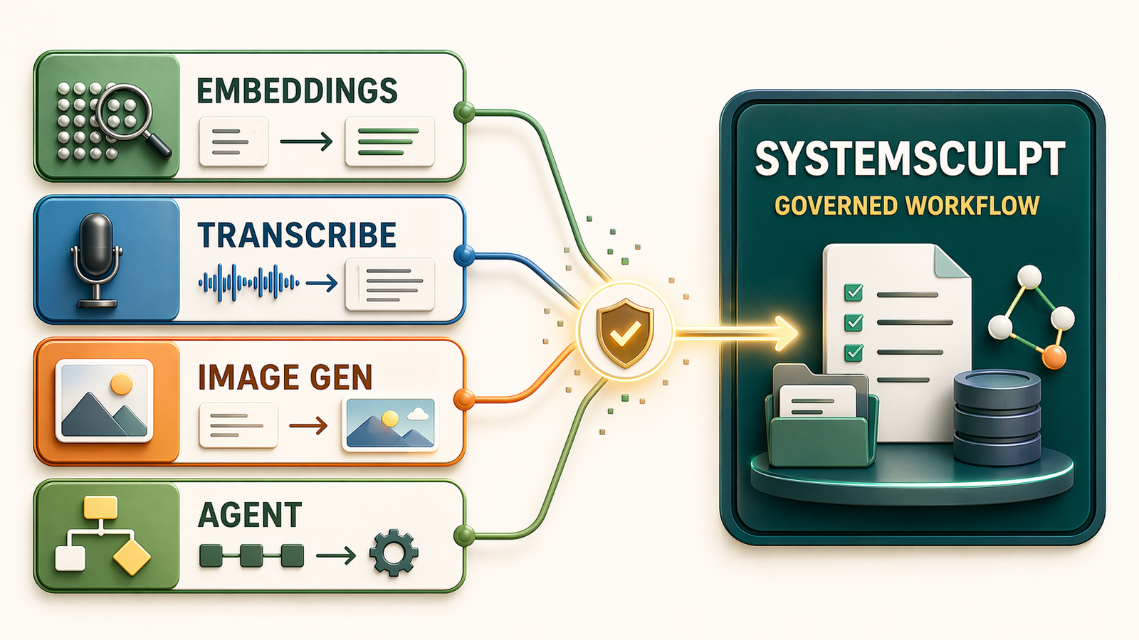 Generated infographic showing SystemSculpt capability lanes for embeddings, transcription, image generation, and agents converging into a governed workflow.