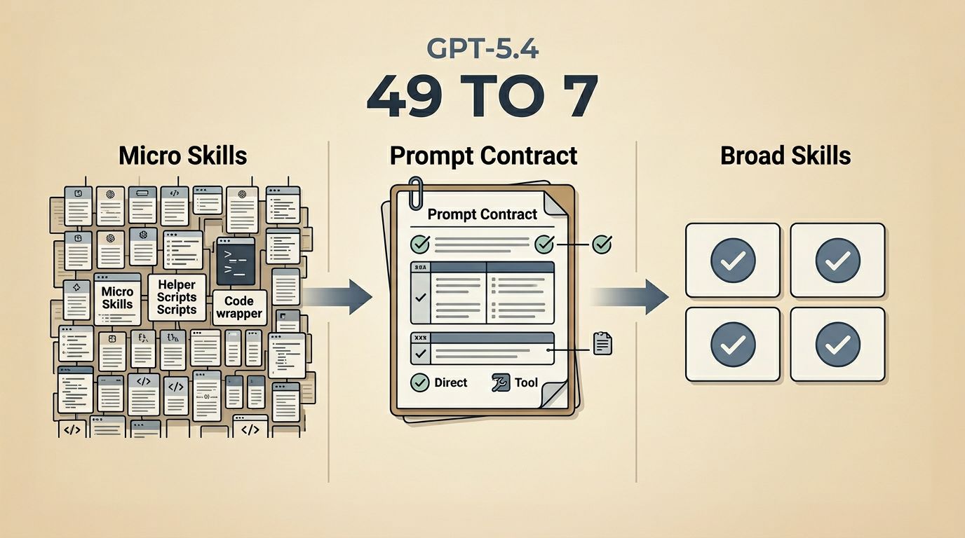 Editorial infographic showing GPT-5.4 prompt contracts reducing a cluttered wall of micro skills into a smaller set of broad verified skills