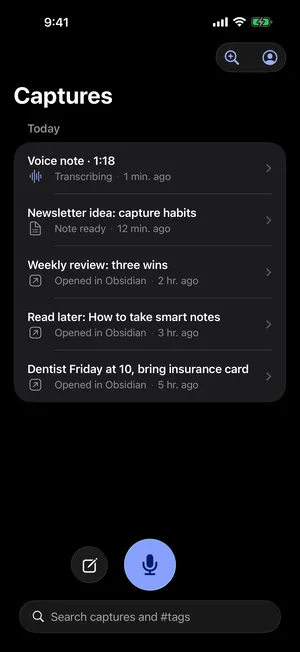 The SystemSculpt iPhone app's Captures list: a voice note transcribing, a note ready, and captures already opened in Obsidian.
