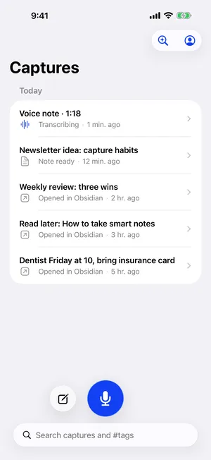 The SystemSculpt iPhone app's Captures list: a voice note transcribing, a note ready, and captures already opened in Obsidian.