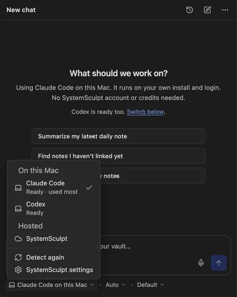 SystemSculpt chat's backend menu listing Claude Code and Codex on this Mac and hosted SystemSculpt.