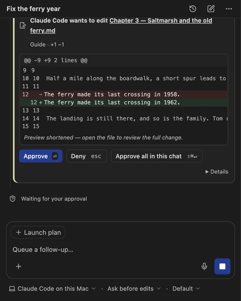 An approval card in SystemSculpt chat: Claude Code asks to change 1958 to 1962 in Chapter 3, with the diff and Approve and Deny buttons.