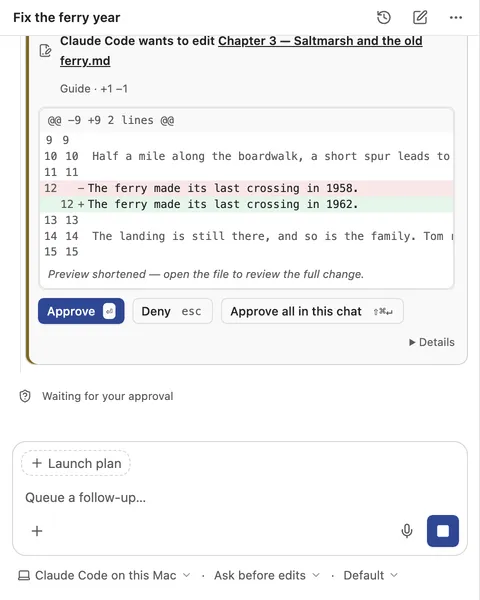 An approval card in SystemSculpt chat: Claude Code asks to change 1958 to 1962 in Chapter 3, with the diff and Approve and Deny buttons.