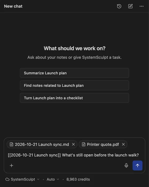SystemSculpt chat composer with two attachments, the Launch sync note and Printer quote.pdf, and a question being typed.