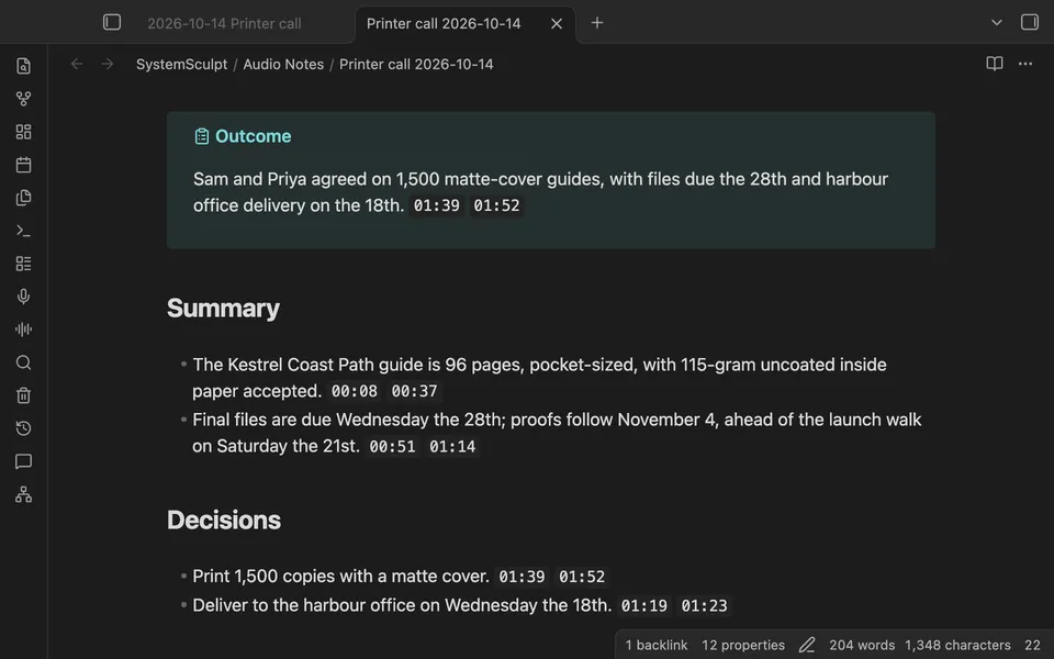 Obsidian showing a meeting brief made by Audio Processor from a recorded printer call, with its outcome, summary and decisions.