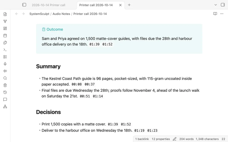 Obsidian showing a meeting brief made by Audio Processor from a recorded printer call, with its outcome, summary and decisions.