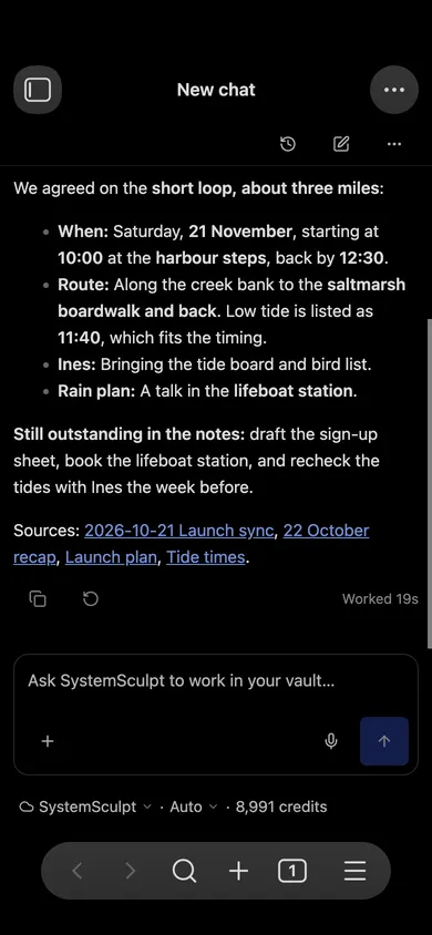 SystemSculpt chat in Obsidian's mobile layout answering a question about the launch walk from a meeting note.