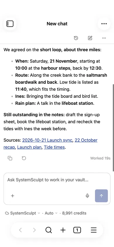 SystemSculpt chat in Obsidian's mobile layout answering a question about the launch walk from a meeting note.