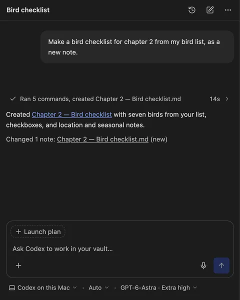 SystemSculpt chat running on Codex in Auto mode, creating a bird checklist note from the Bird list note.