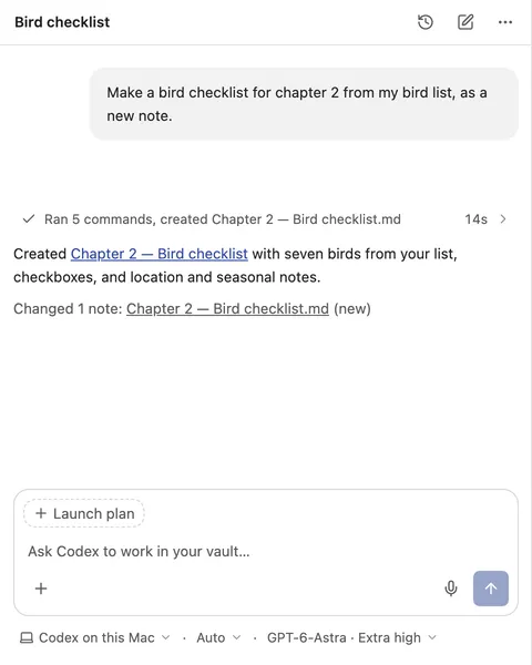 SystemSculpt chat running on Codex in Auto mode, creating a bird checklist note from the Bird list note.